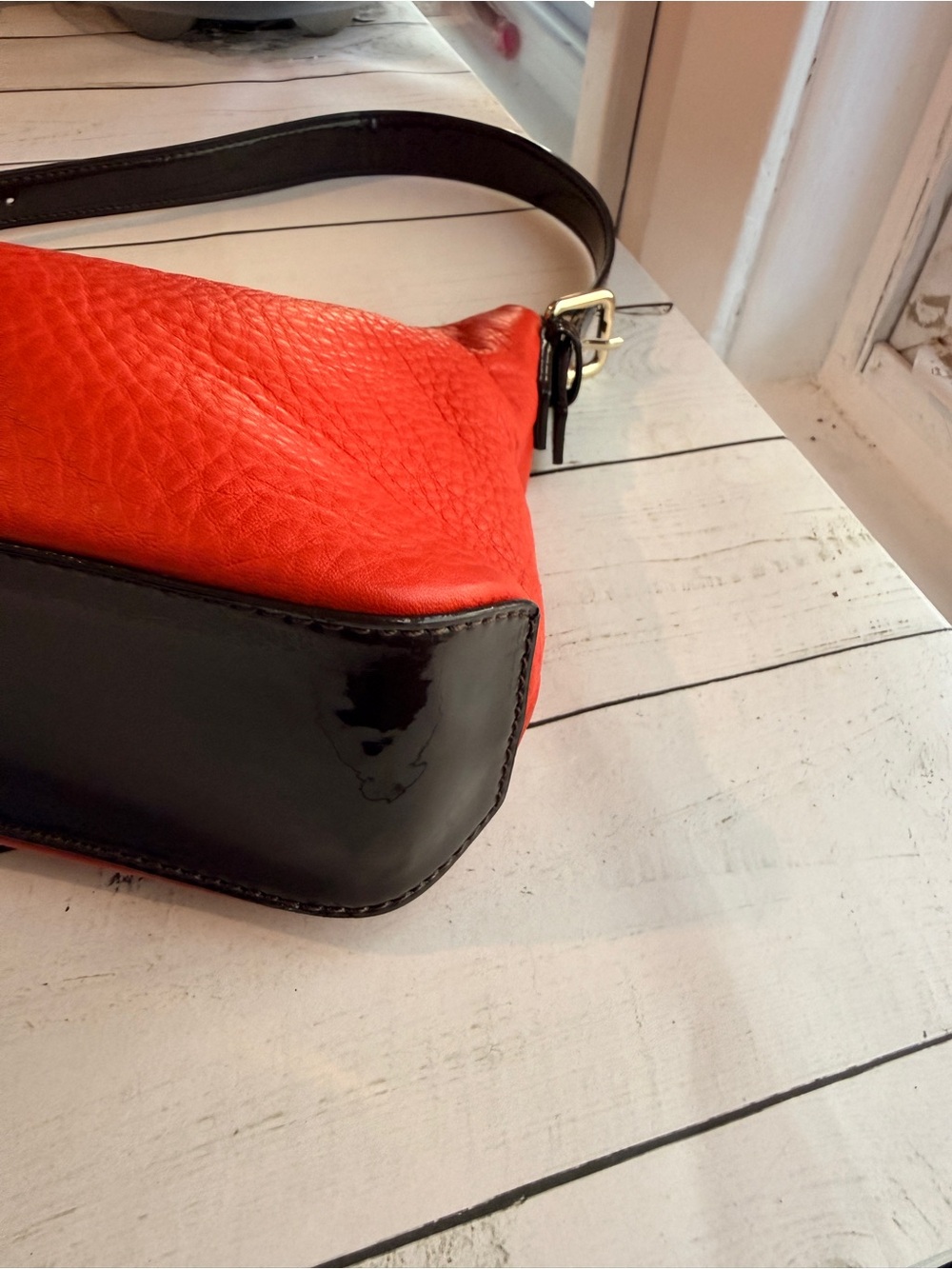 Kate Spade | Red Pebbled Leather Mini Hobo Bag with Black/Brown Patent Trim - Picture 6 of 14